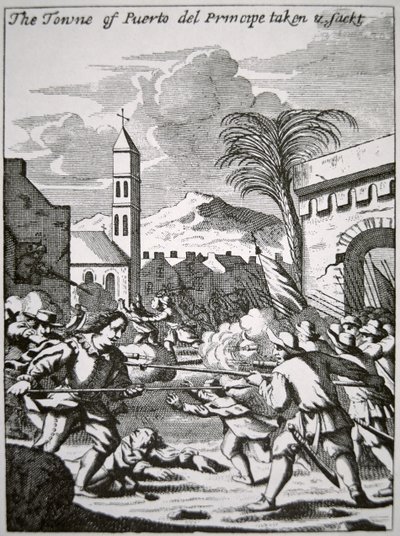 亨利-摩根在1668年捕获并洗劫了古巴的普林西比港，这幅插图来自约翰-埃斯奎梅林的《美洲海盗》，1699年出版（雕刻版）。 作者 英语学校
