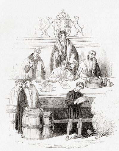 1497 年亨利七世在财政部对度量衡的审判，选自《古老的英格兰》：图片博物馆》，1847 年出版。1847 作者 英语学校