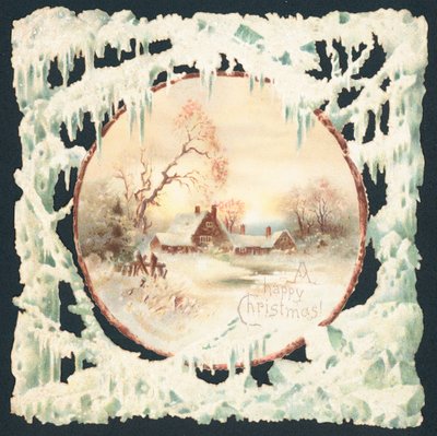 冰柱围拢的雪场面的议院，圣诞卡 作者 英语学校