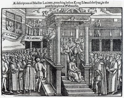 Hugh Latimer（c.1485-1555）1547年在爱德华六世（1537-53）在威斯敏斯特前演讲，来自约翰福克斯的“使徒行传和纪念碑”（1516-87）1563 作者 英语学校