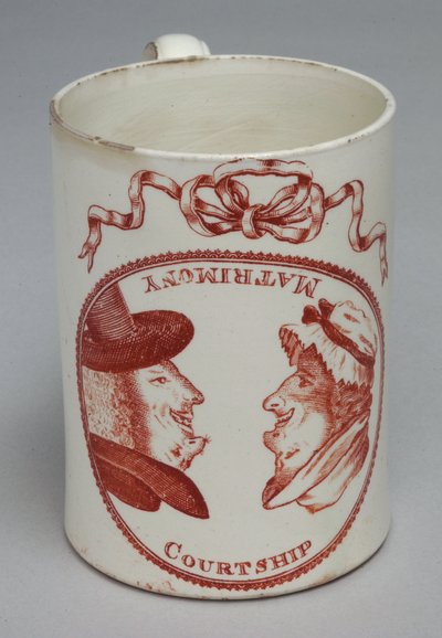 幽默的杯子装饰着一个男人和女人的可逆头，c.1780（creamware） 作者 英语学校