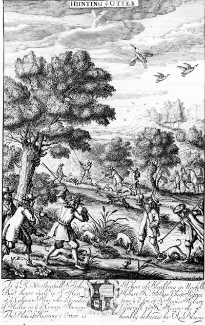 从1686年Richard Blome出版的“The Gentleman&39;s Recreation”中狩猎水獭 作者 英语学校