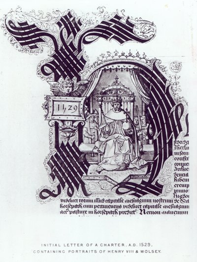 宪章的首字母包含亨利八世和沃尔西的肖像，1529年 作者 英语学校