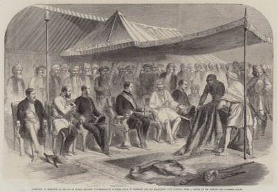 3 月 9 日，Cashmere 的 Maharajah Rumbeer Singh 与坎宁勋爵阁下在 Sealkote 进行的采访（版画） 作者 英语学校