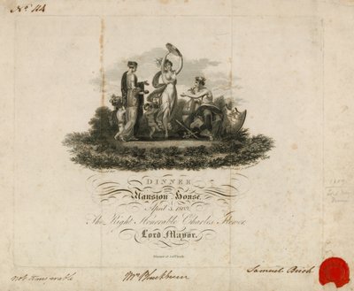 1809年4月3日在伦敦Mansion House举行的市长晚宴邀请函 作者 英语学校