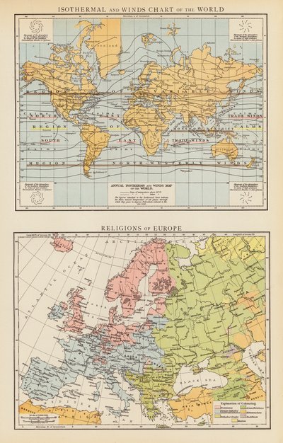 世界等温线和风向图；欧洲的宗教（彩色印刷版） 作者 英语学校