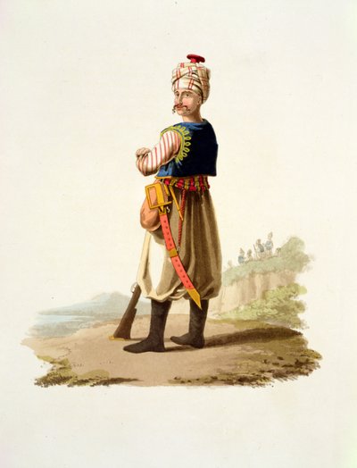 Janissary，来自各种国家的服饰，第七卷，土耳其的军事服装，由托马斯·麦克莱恩出版，出版于第1800-18页（手工彩色的aquatint） 作者 英语学校