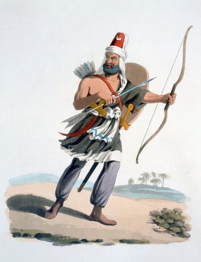 阿拉伯的Janissary，来自土耳其的军事服装，1830年（手工彩色蚀刻和aquatint） 作者 英语学校