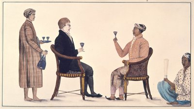 爪哇大公和一名荷兰人，选自约 1811-13 年的 "科林-麦肯齐（1754-1821 年）在爪哇监督下绘制的 116 幅图画专辑"（彩色石版画） 作者 英语学校