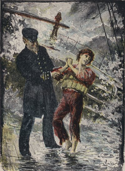 约翰·亚历山大·斯特拉坎 (John Alexander Strachan)，西普里安号轮船船长，在 1881 年威尔士海岸的大风中船只失事前将救生衣交给一名年轻的偷渡者（彩色平版印刷） 作者 英语学校