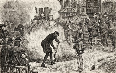 约翰·布兰德，约翰·弗兰克斯，尼古拉斯·谢特登和汉弗莱·米德尔顿在16世纪因为异端而活活烧死，1865年（木版画） 作者 英语学校