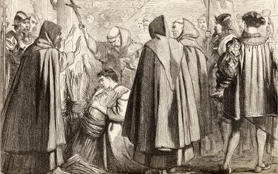 约翰弗里斯（John Frith）即将在1533年因异端邪说而被烧毁，1865年（木版画） 作者 英语学校