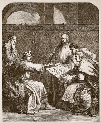 约翰拒绝签署男爵的文章，插图来自Cassells Illustrated History of England（sepia photo） 作者 英语学校