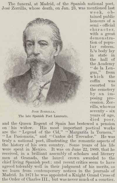 Jose Zorrilla，已故的西班牙桂冠诗人（版画） 作者 英语学校