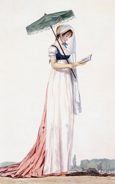 女士优雅夏季连衣裙，遮阳伞，Delacourt，1770年（彩色雕刻） 作者 英语学校