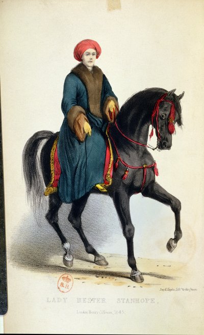 Hester Lucy Stanhope女士（1776-1839）穿着阿拉伯服装，插图来自她的回忆录，伦敦，1845年（彩色雕刻） 作者 英语学校