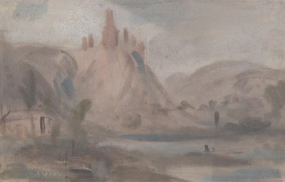 景观与山上的一座城堡，之前归功于JMW Turner（1775-1851），也归功于Peter de Wint（1784-1849）（纸上油画） 作者 英语学校