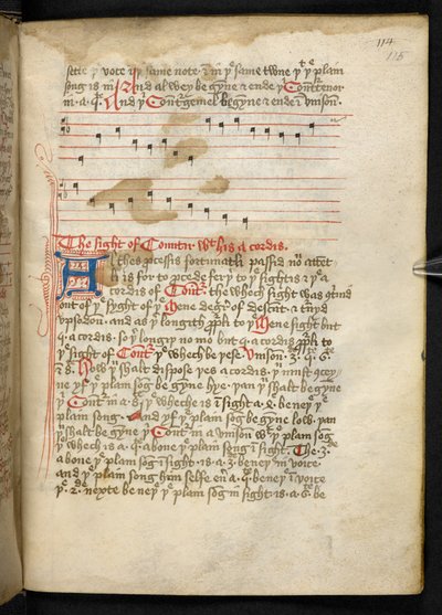 Lansdowne 763，f.115r，一卷相当写于十五世纪的牛皮纸，收录了不同作者关于音乐的古老而非常有趣的论文。 作者 英语学校