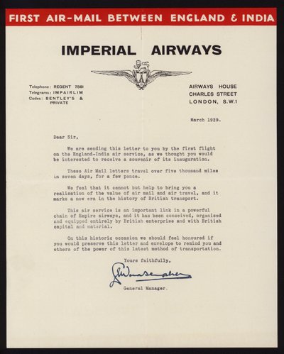 1929 年 3 月，帝国航空公司在英国和印度之间推出了第一条航空邮件服务（平版印刷） 作者 英语学校
