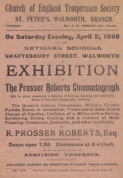 宣传单张广告Prosser Roberts Cinematograph的展览 作者 英语学校