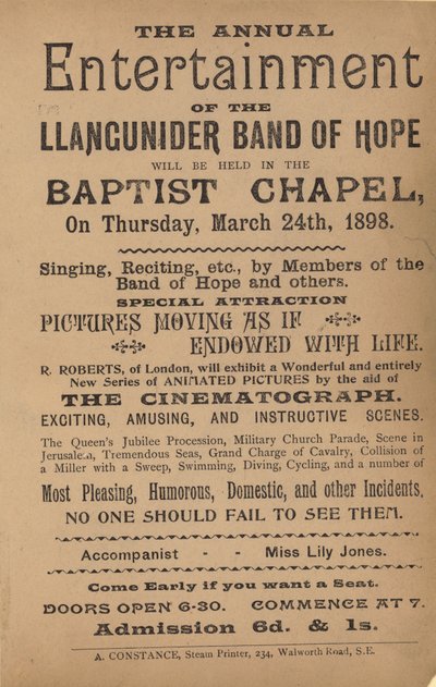 宣传单张广告Llangunider Band of Hope的年度娱乐节目 作者 英语学校