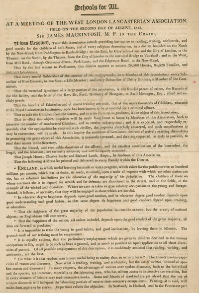 小册子解释了西伦敦兰卡斯特协会决议，开始为儿童提供指导，1813年8月 作者 英语学校