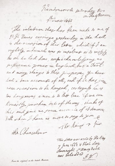 1662年6月7日，查理二世致总理克拉伦登勋爵的信 作者 英语学校