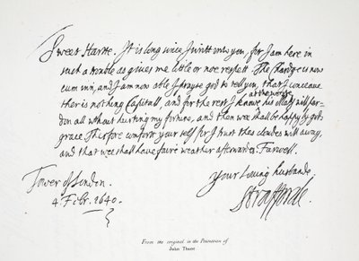 1640年2月4日，斯特拉福德勋爵致他的妻子的信，来自伦敦塔 作者 English School