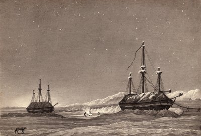 威廉·帕里中尉的首次航行：约于1919年在冬港举行的HMS Hecla和HMS Griper（钢笔，墨水和纸上水洗） 作者 英语学校