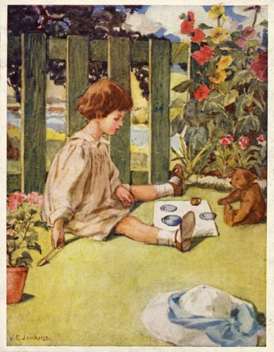 小女孩和她的泰迪熊在花园里喝茶玩耍（彩色石版画） 作者 英语学校