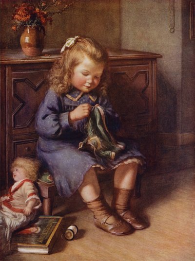 小女孩为洋娃娃缝衣服（彩色石版画） 作者 英语学校