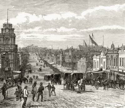 从1886年伦敦宗教信仰协会出版的霍华德威洛比的“澳大利亚图片”中看到墨尔本伯克街的东边，1880年。 作者 英语学校