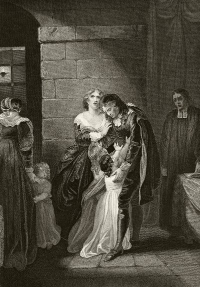 威廉-罗素勋爵在 1683 年 7 月 21 日被处死前与家人告别，摘自 William Hickman Smith Aubrey（1858-1916 年）所著的《英格兰国家和国内史》，约 1890 年在伦敦出版（石版印刷）。 作者 英语学校