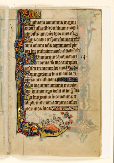 MS 1-2005，关注。 22r：来自Macclesfield Psalter的Ape-doctor和他的忍者，边缘装饰，东安格利亚Sarum的使用，c.1330 作者 英语学校