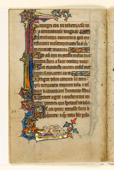 MS 1-2005，关注。 45v：桅杆底部的Ape凝视，Macclesfield Psalter的边缘装饰，东安格利亚Sarum的使用，c.1330 作者 英语学校