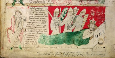 MS CCC 157 第 382 页：亨利一世国王 1130 年在诺曼底梦见的幻象，约 1140 年由伍斯特的约翰插入伍斯特的佛罗伦萨（卒于 1118 年）约 1130-40 年开始的编年史（羊皮纸）（95503 的细节） 作者 英语学校