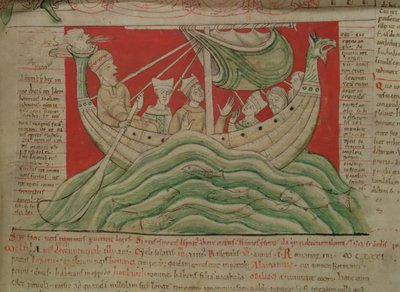 MS CCC 157 第 383 页，国王亨利一世 1130 年在诺曼底梦见的幻象，摘自《伍斯特纪事》，约 1130-40（牛皮纸）（95507 的细节） 作者 英语学校