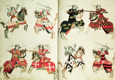 MS Harley 4205 fol.31v-32 显示纹章徽记的比武骑士（牛皮纸） 作者 英语学校