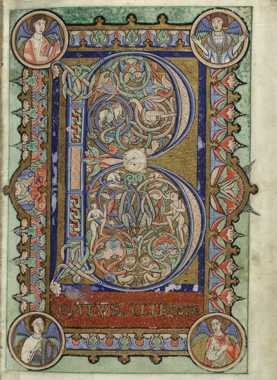 MS Hunter 229 f.22r 选自《亨特王朝诗篇》，约 1170 年（牛皮纸上的钢笔、墨水和蛋彩画） 作者 英语学校