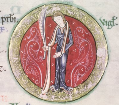 MS Hunter 229 f.4v Virgo，选自《Hunterian Psalter》，约 1170 年（牛皮纸上的钢笔、墨水和蛋彩画）（细节） 作者 英语学校