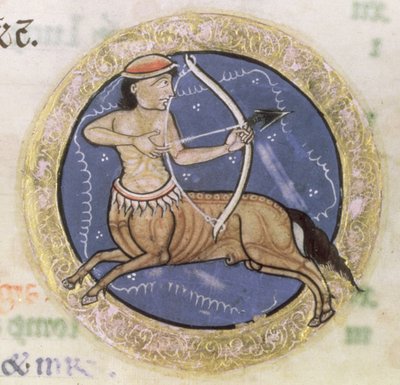 MS Hunter 229 f.6r Sagittarius，来自 Hunterian Psalter，c.1170（牛皮纸上的笔墨和蛋彩画）（细节） 作者 英语学校
