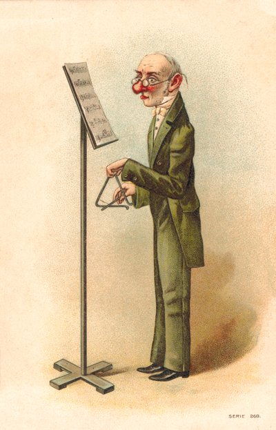 男子阅读乐谱演奏三角铁（彩色石版画） 作者 英语学校