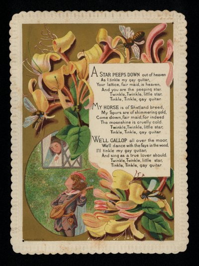 男人小夜曲他的情人和金银花，贺卡 (chromolitho) 作者 英语学校
