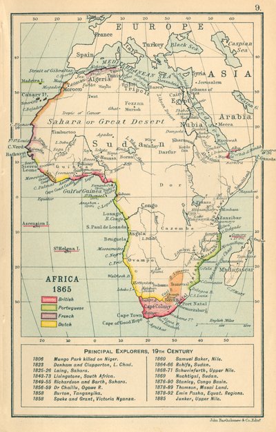 地图：非洲 1865 年（彩色石版） 作者 英语学校