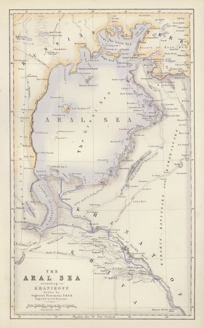地图：咸海，根据 Khanikoff 的说法，由 Augustus Petermann 绘制（彩色石版）。 作者 英语学校