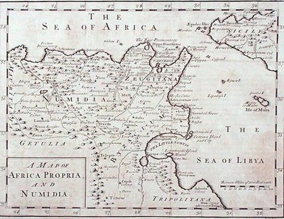 非洲本土和努米迪亚（现代突尼斯和阿尔及利亚）地图，18世纪末（雕版）。 作者 英语学校