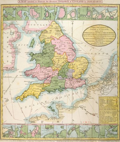 英国地图，说明拿破仑-波拿巴（1769-1821 年）1803 年可能入侵英国（彩色石版印刷） 作者 英语学校