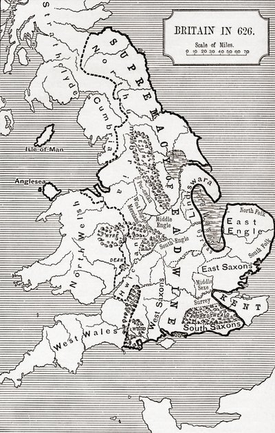 英国地图626，来自The Northumbrian Kingdom 588至685，由“JR Green”撰写的“英国人的短暂历史”，1893年出版 作者 English School