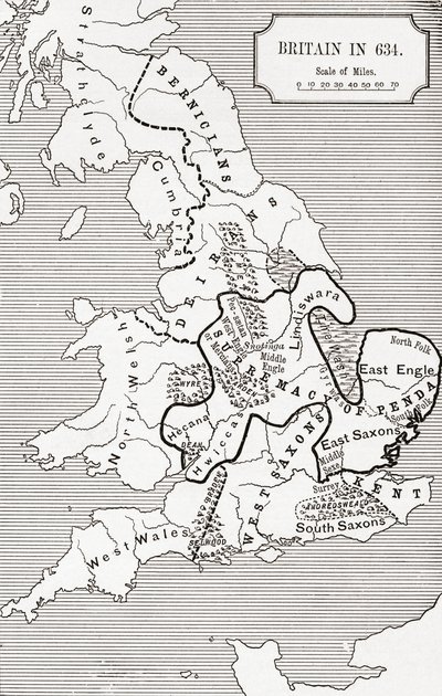 来自The Northumbrian Kingdom的634的英国地图，由JR Green撰写的“英国人的短暂历史”588至685，于1893年出版 作者 English School