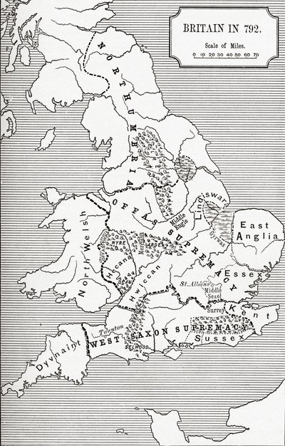 JR绿色的“英国人的短暂历史”中的792年英国地图，从“三国志”685到828年，1893年出版 作者 英语学校